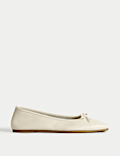 Leather Bow Flat Square Toe Ballet Pumps