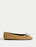 Suede Bow Flat Square Toe Ballet Pumps