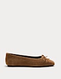 Suede Bow Flat Square Toe Ballet Pumps