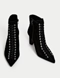 Suede Lace Up Block Heel Pointed Ankle Boots