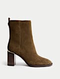 Wide Fit Suede Gold Detail Block Heel Ankle Boots