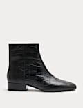 Leather Croc Block Heel Chisel Toe Ankle Boots