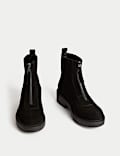 Suede Front Zip Block Heel Ankle Boots