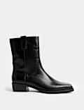 Leather Block Heel Chisel Toe Ankle Boots
