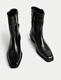Leather Block Heel Chisel Toe Ankle Boots