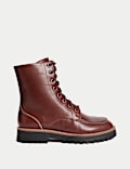 Leather Lace Up Block Heel Ankle Boots