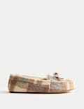 Checked Bow Round Toe Moccasin Slippers
