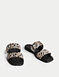 Leather Snake Print Buckle Flat Sandals