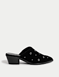 Suede Eyelet Block Heel Muels
