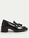 Leather Tassel Block Heel Loafers