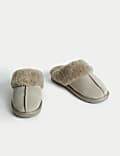 Suede Faux Fur Cuff Mule Slippers