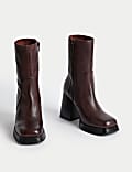 Leather Platform Square Toe Ankle Boots