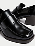 Leather Block Heel Square Toe Loafers