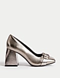 Wide Fit Leather Block Heel Court Shoes