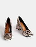 Wide Fit Leather Block Heel Court Shoes