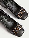 Wide Fit Leather Block Heel Court Shoes