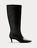 Croc Kitten Heel Knee High Boots