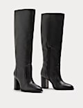 Leather Block Heel Knee High Boots