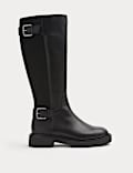 Leather Double Buckle Knee High Boots
