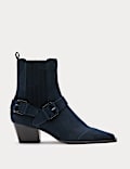 Suede Buckle Block Heel Chisel Toe Ankle Boots