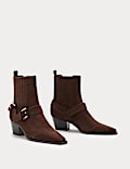 Suede Buckle Block Heel Chisel Toe Ankle Boots