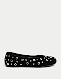 Suede Eyelet Studded Flat Ballet Pumps