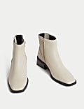 Leather Block Heel Square Toe Ankle Boots