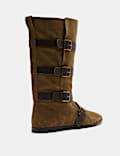 Suede Buckle Strap Mid Calf Flat Boots