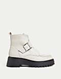 Leather Chunky Buckle Flat Ankle Boots