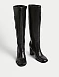 Leather Block Heel Knee High Boots