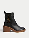 Leather Buckle Block Heel Ankle Boots