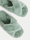 Faux Fur Crossover Open Toe Slippers