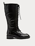 Patent Leather Lace Up Knee High Boot