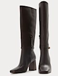 Leather Block Heel Knee High Boots