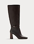 Leather Block Heel Knee High Boots