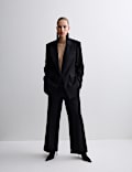 Wool Blend Satin Trim Wide Leg Trousers
