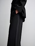 Wool Blend Satin Trim Wide Leg Trousers