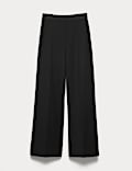 Wool Blend Satin Trim Wide Leg Trousers