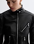 Leather Funnel Neck Biker Jacket