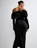 Bardot Feather Fringed Midi Bodycon Dress