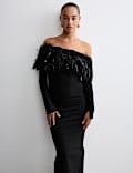 Bardot Feather Fringed Midi Bodycon Dress