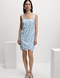 Floral Sequin Square Neck Cutwork Detail Mini Column Dress