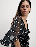 Polka Dot V-Neck Frill Detail Maxi Dress