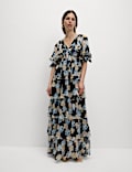 Polka Dot V-Neck Frill Detail Maxi Dress