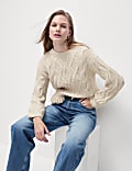 Crew Neck Cable Knit Fringe Jumper