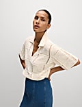 Cotton Blend Openstitch Collared Knitted Top