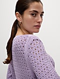 Cotton Blend Textured Crew Neck Fringe Jumper