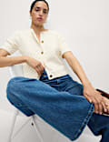 Cotton Blend Textured Button Front Cropped Cardigan