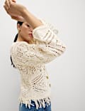 Cotton Blend Knitted V-Neck Fringe Cropped Cardigan