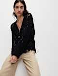 Cotton Blend Knitted V-Neck Fringe Cropped Cardigan